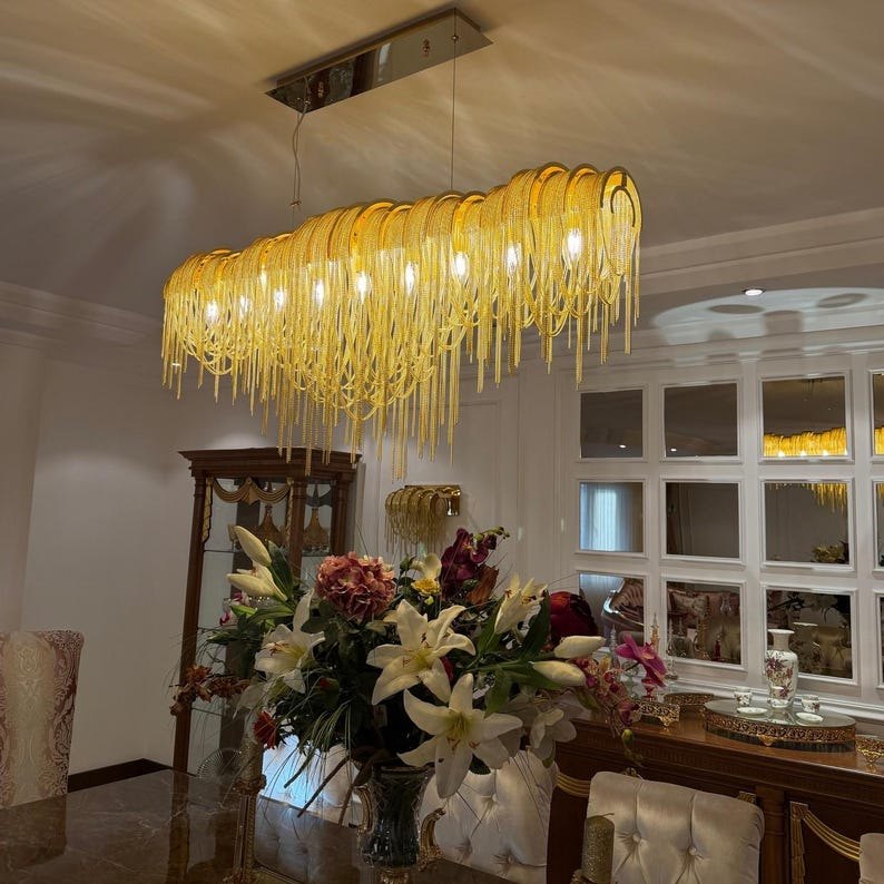Luxury Waterfall Chain Chandelier | Modern Art Deco Ceiling Light | Cascading Chain Chandelier | Designer Dining Room Lighting