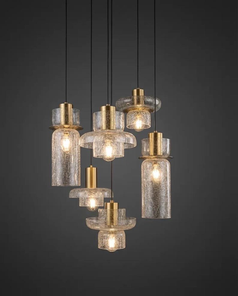 Handmade Crackle Glass Pendant Light – Brass Modern Hanging Lamp