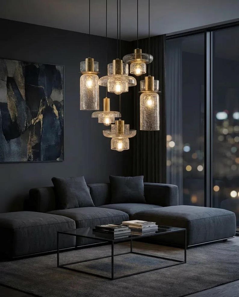 Handmade Crackle Glass Pendant Light – Brass Modern Hanging Lamp