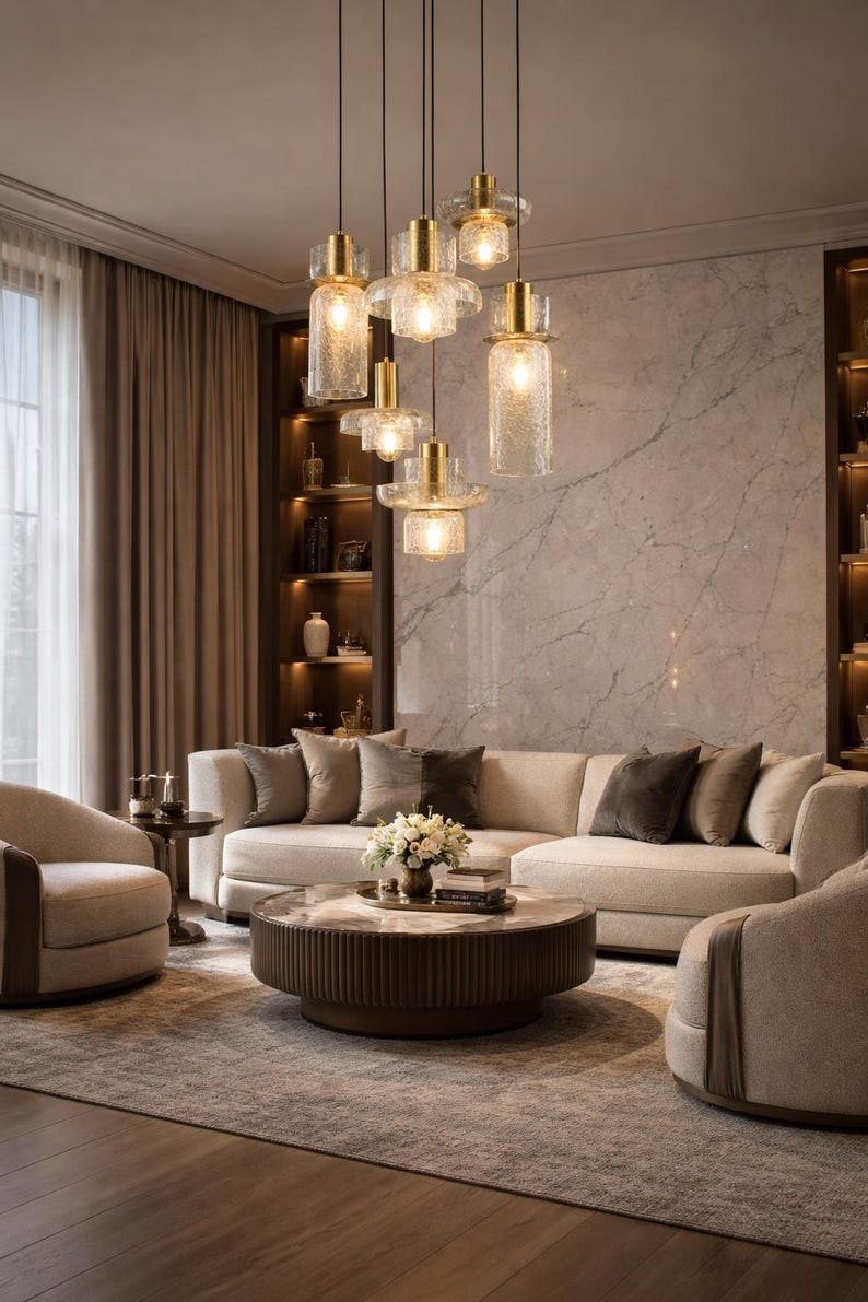 Handmade Crackle Glass Pendant Light – Brass Modern Hanging Lamp