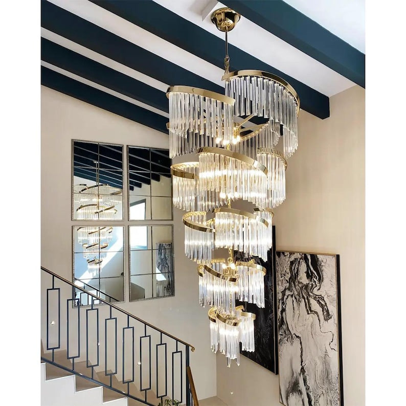 Handmade Crystal Chandelier, Gold Finish, Foyer Lighting