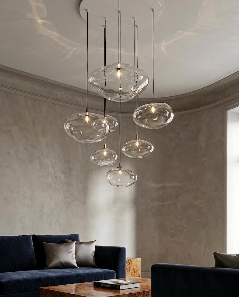 Vela Amorph Hand Blown Glass Chandelier | Organic Bubble Cluster Pendant Light | Luxury Staircase Lighting Fixture