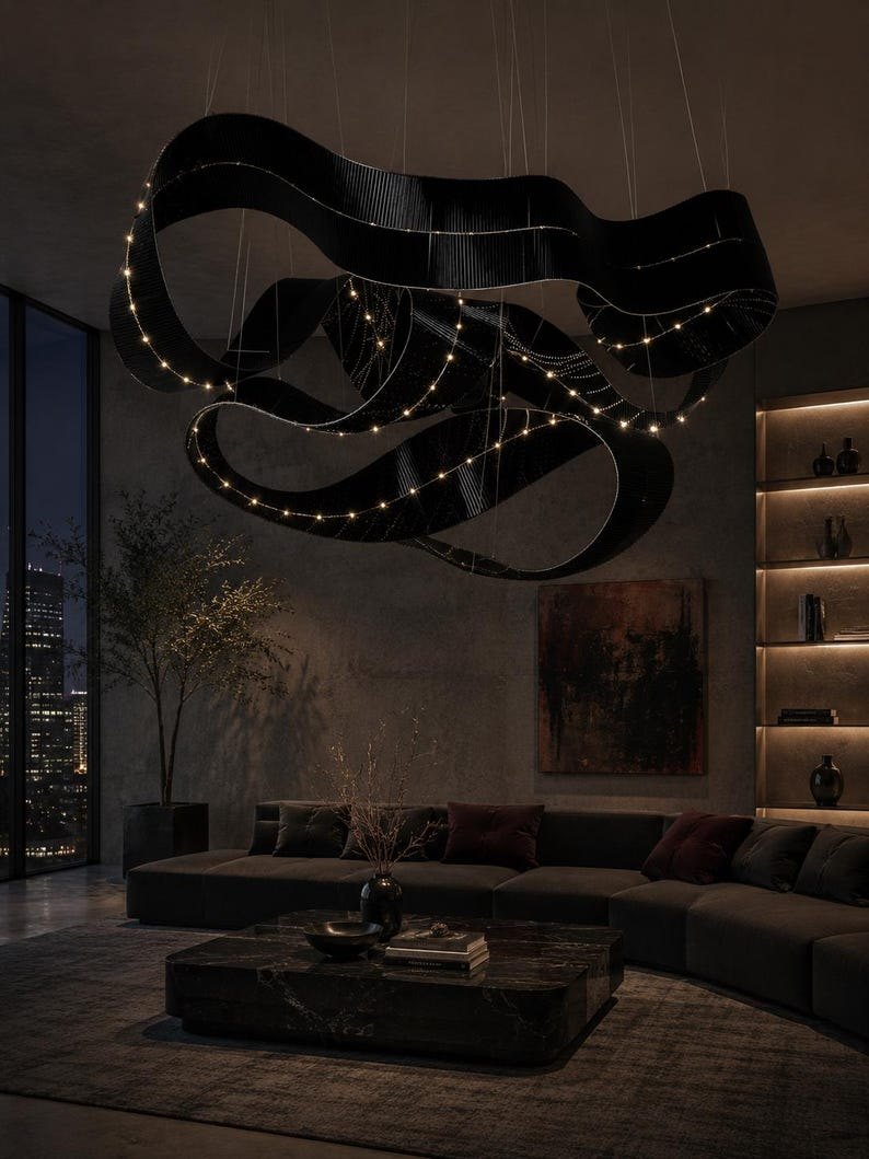 Flying Carpet Chandelier | Handmade Glass Ribbon Light Sculpture | Modern Luxury Pendant Lamp | Size & Color | Free Form Light