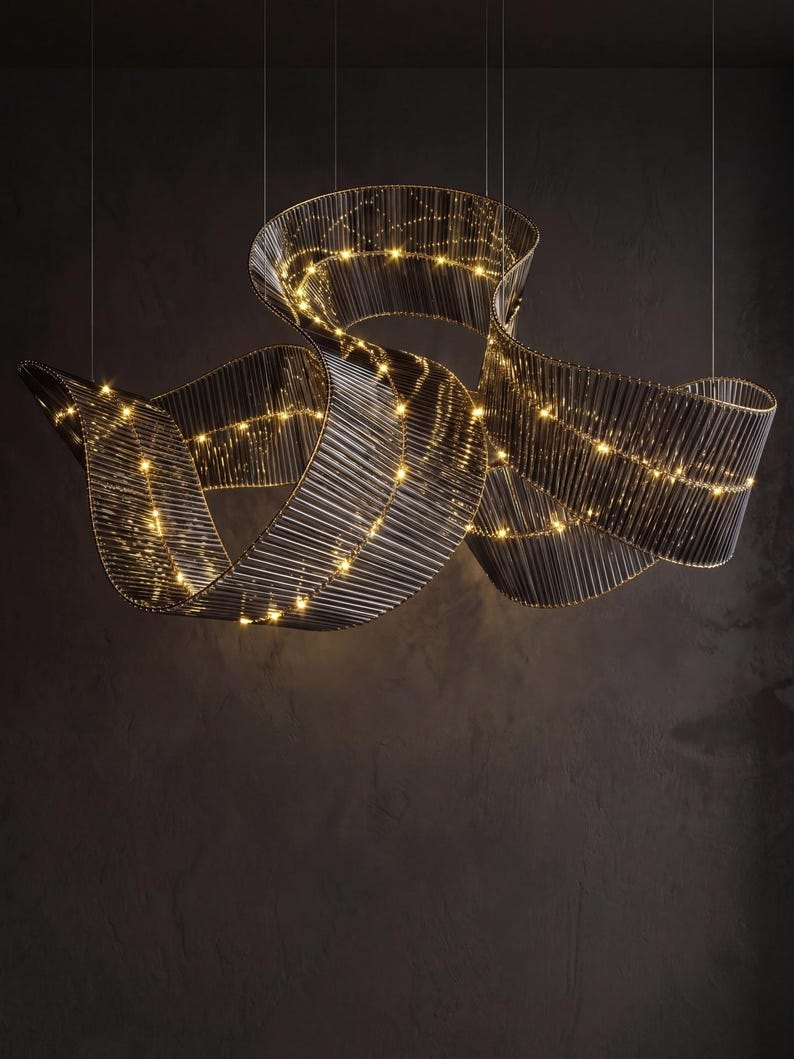 Flying Carpet Chandelier | Handmade Glass Ribbon Light Sculpture | Modern Luxury Pendant Lamp | Size & Color | Free Form Light