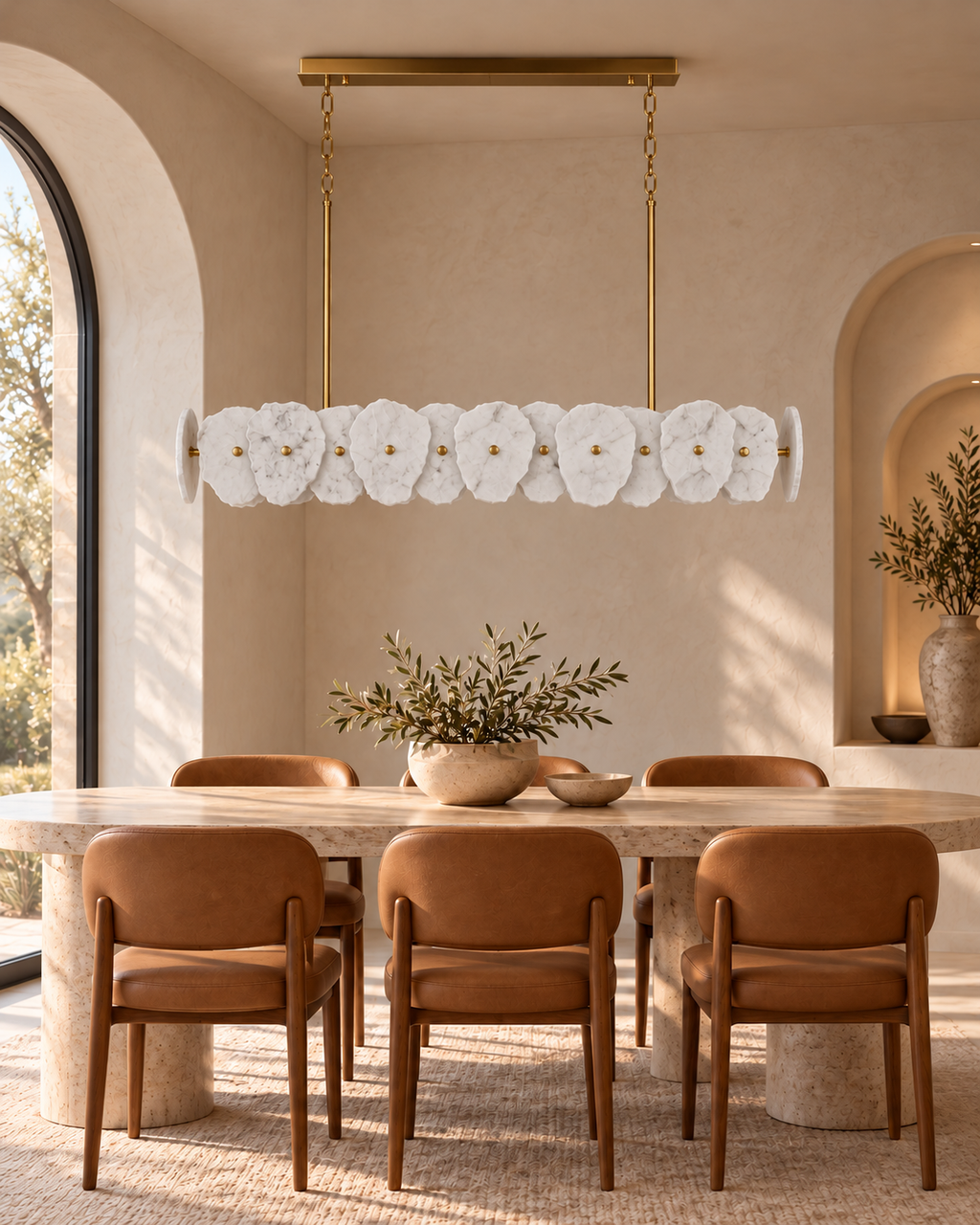 Aurelia Linear marble chandelier in hotel dining room, light off