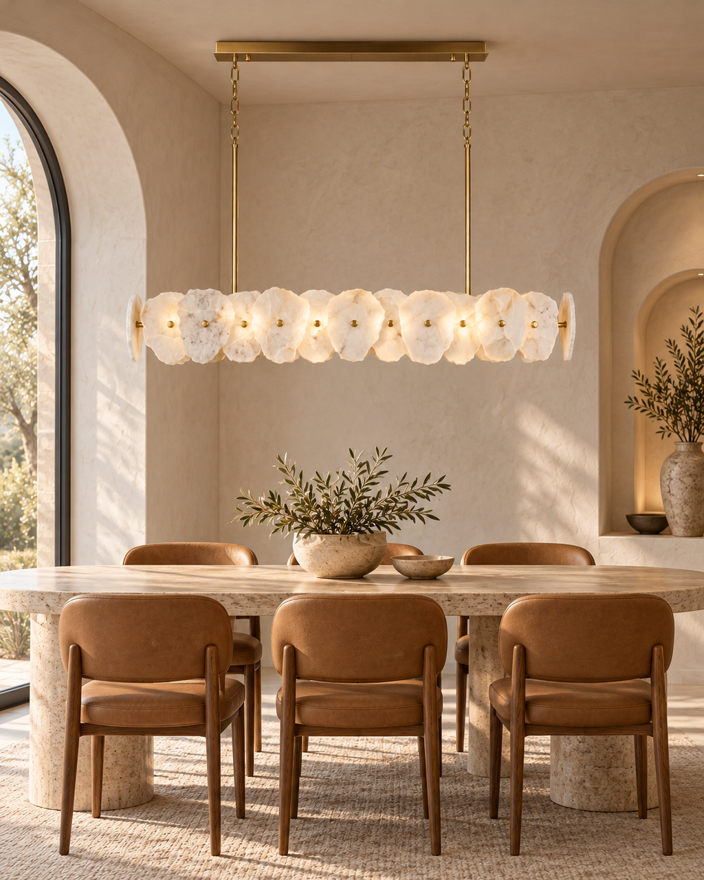 Aurelia Linear marble chandelier in hotel dining room, light on