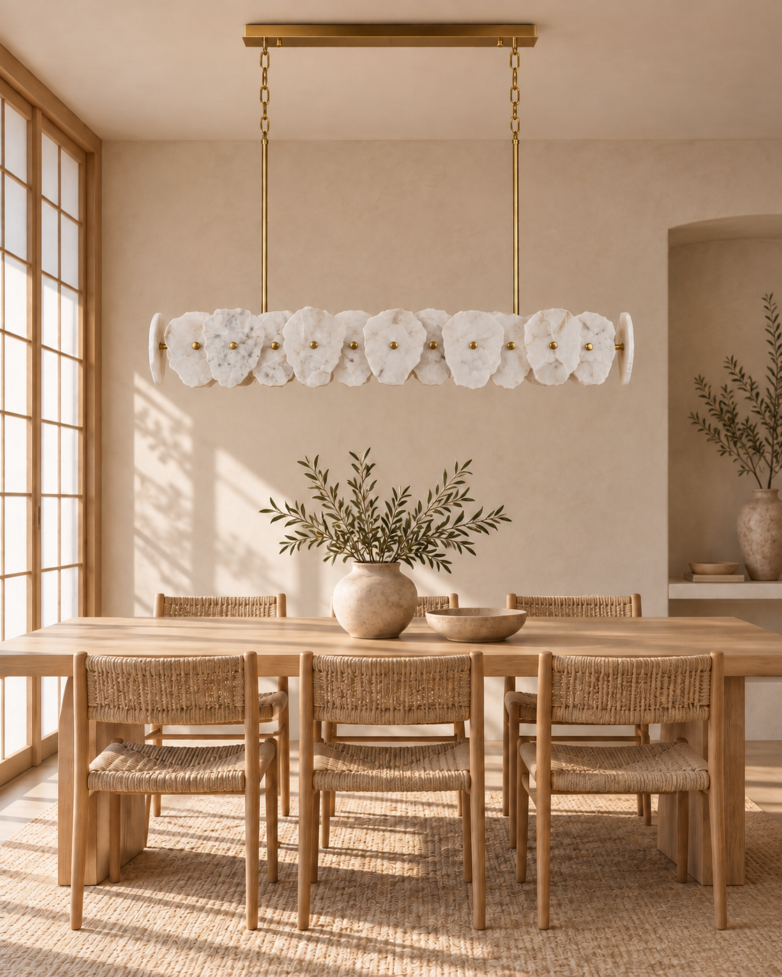 Aurelia Linear marble chandelier in japandi dining room, light off