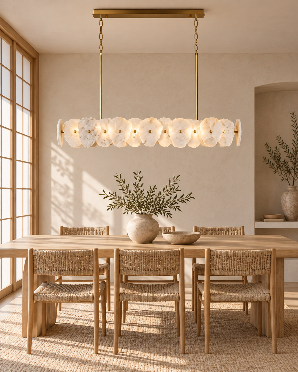 Aurelia Linear marble chandelier in japandi dining room, light on