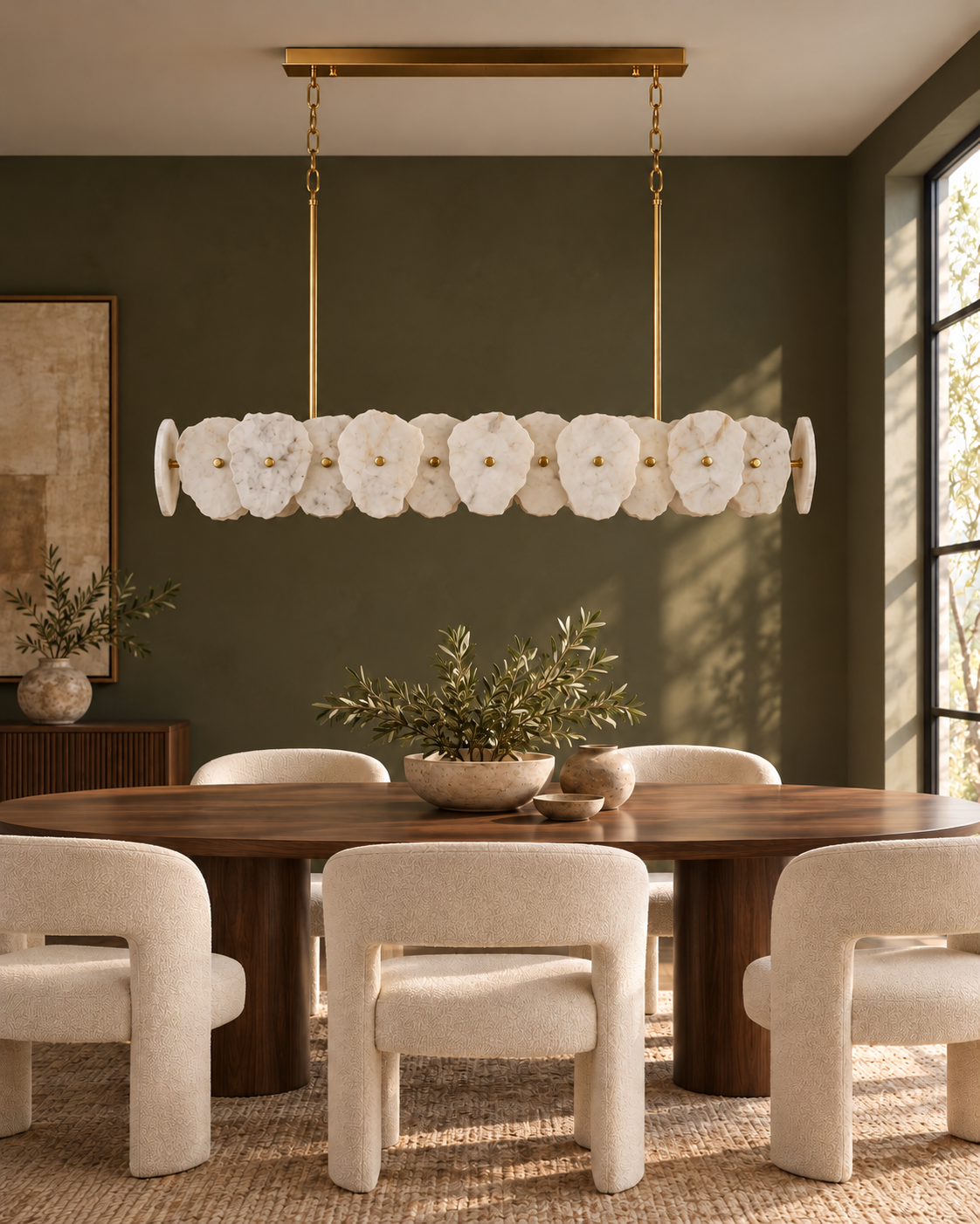 Aurelia Linear marble chandelier in modern dining room, light off