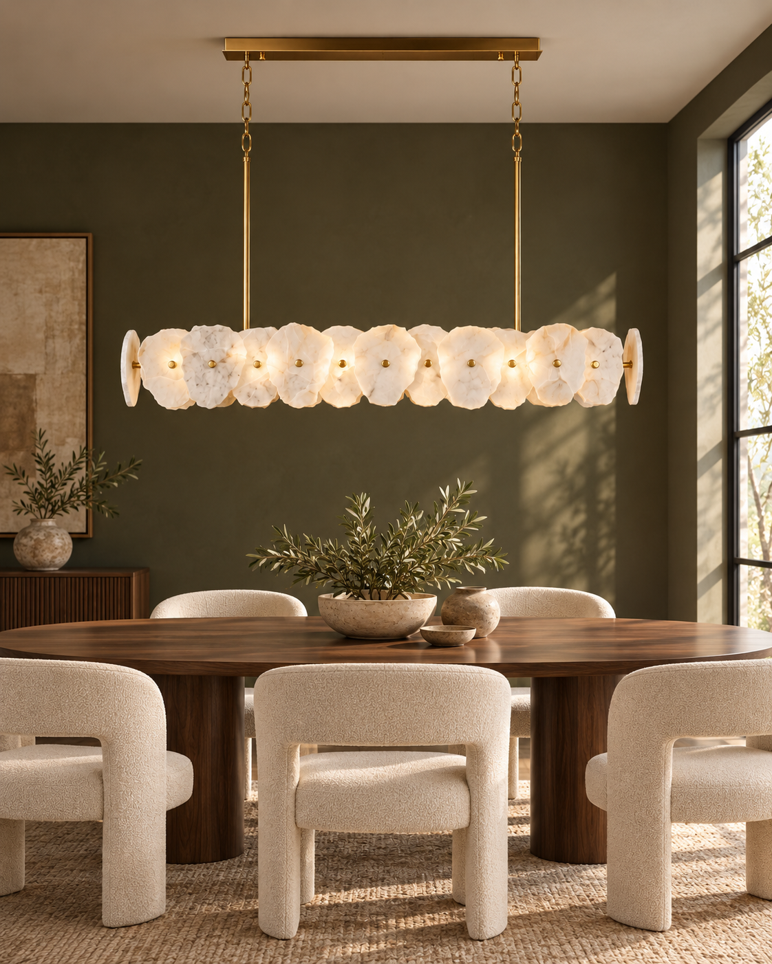 Aurelia Linear marble chandelier in modern dining room, light on