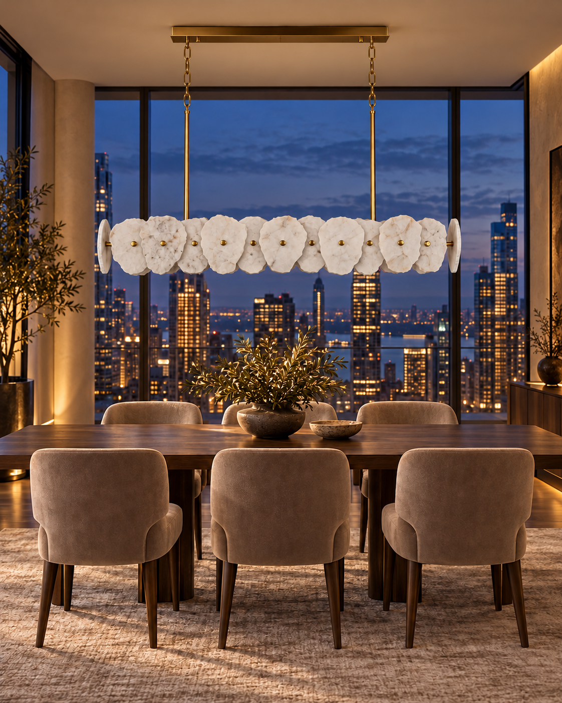 Aurelia Linear marble chandelier in penthouse dining room, light off