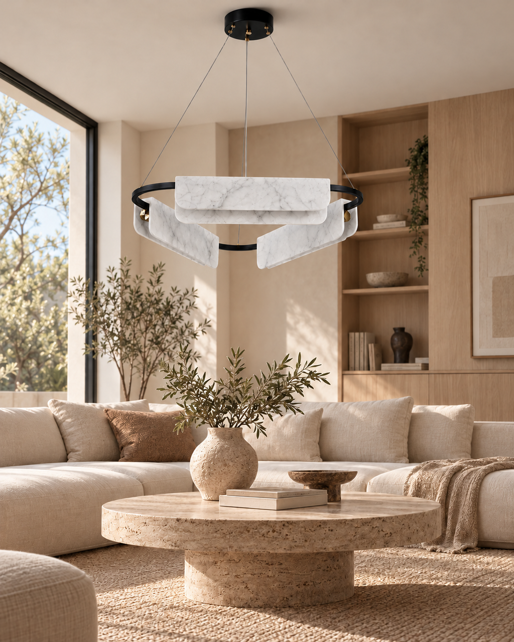 Strata Triple marble chandelier — Japandi living room, light off