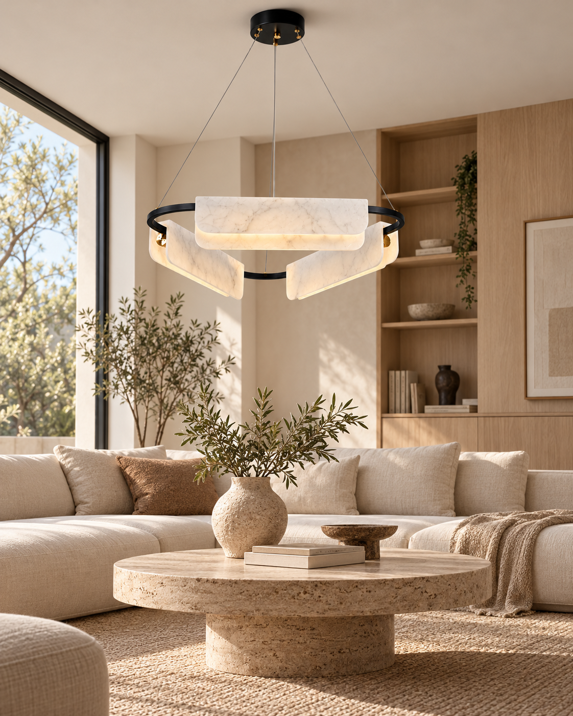 Strata Triple marble chandelier — Japandi living room, light on