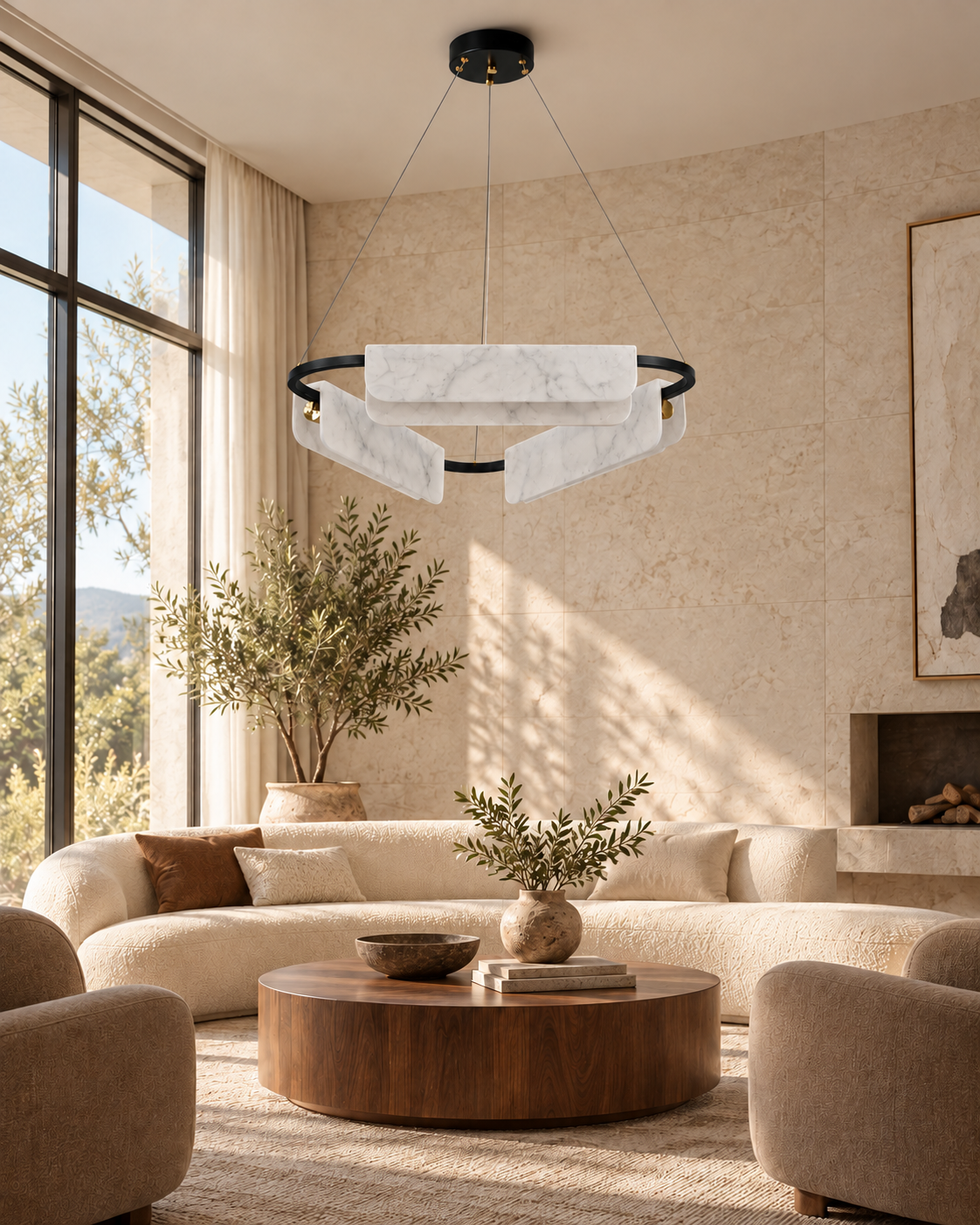 Strata Triple marble chandelier — modern living room, light off
