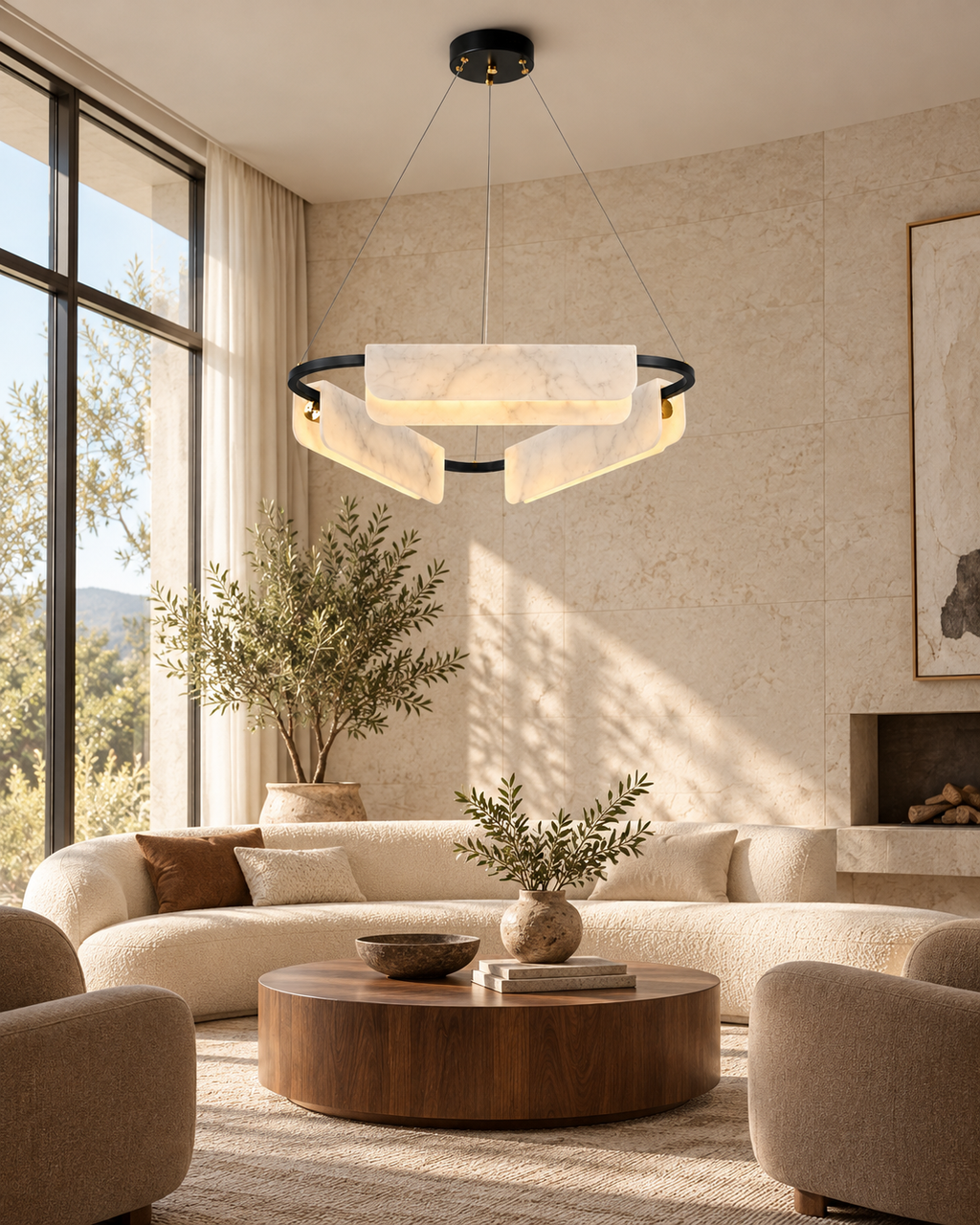 Strata Triple marble chandelier — modern living room, light on