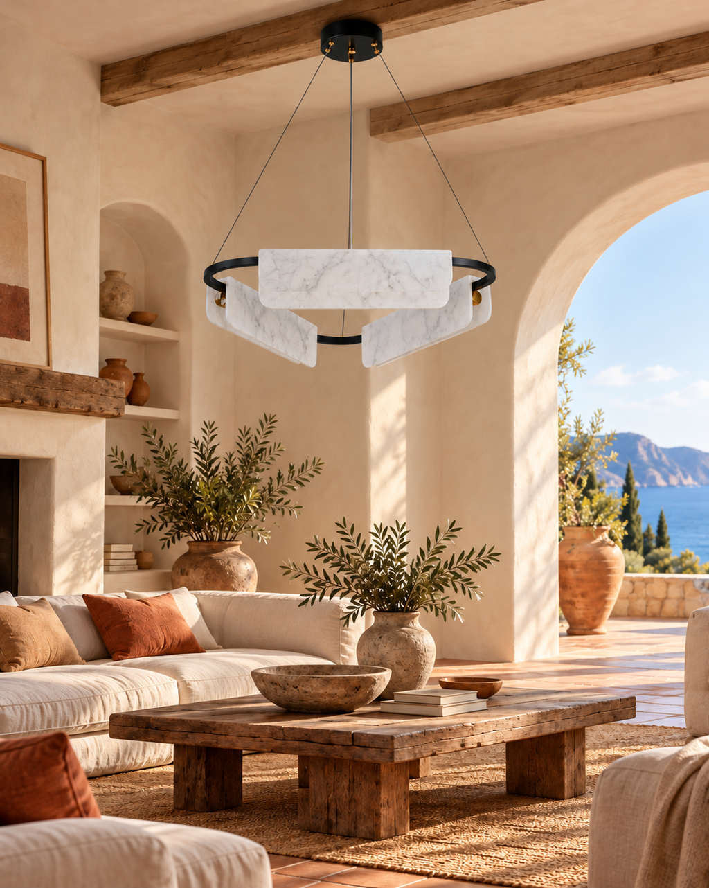 Strata Triple marble chandelier — Mediterranean living room, light off