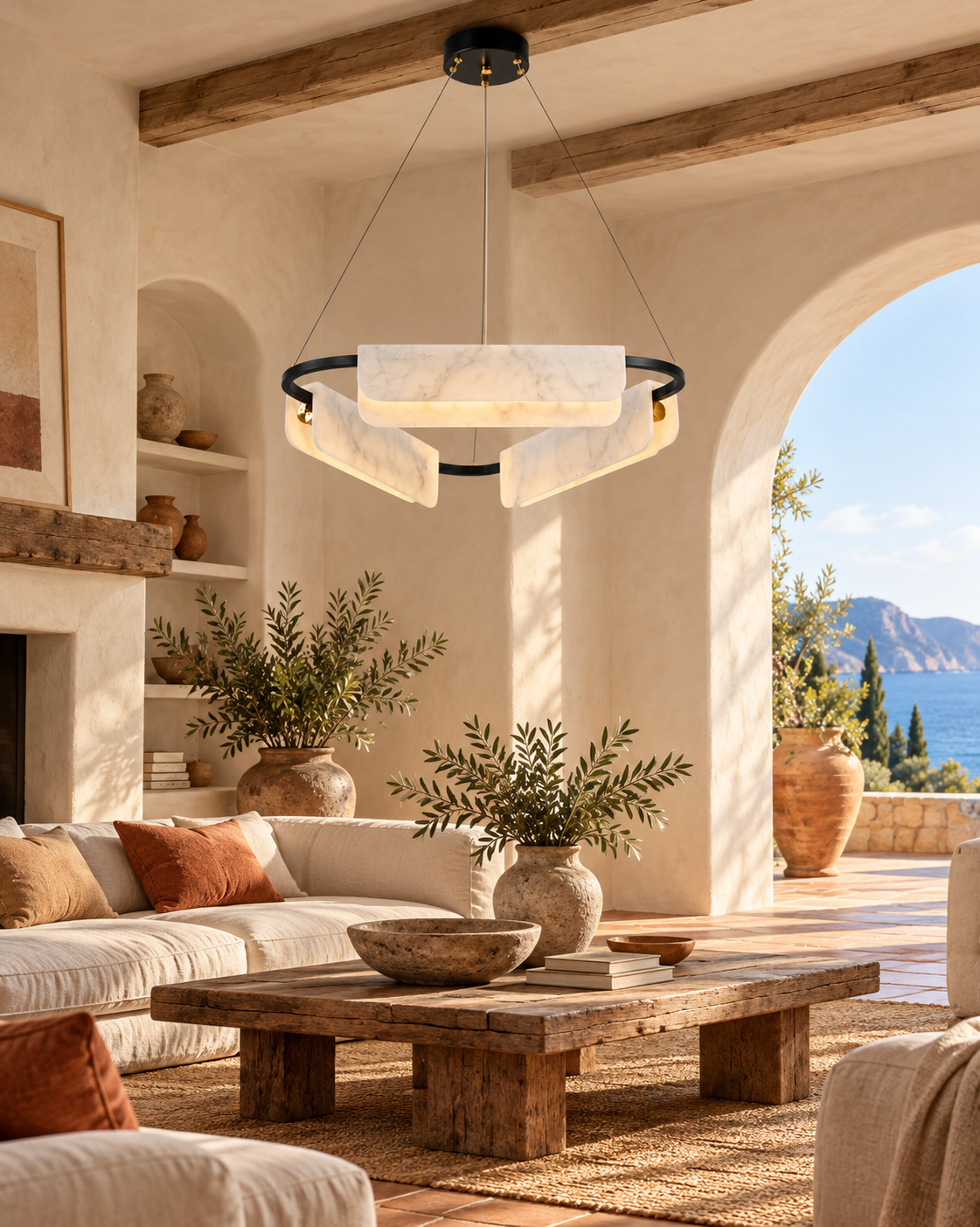 Strata Triple marble chandelier — Mediterranean living room, light on