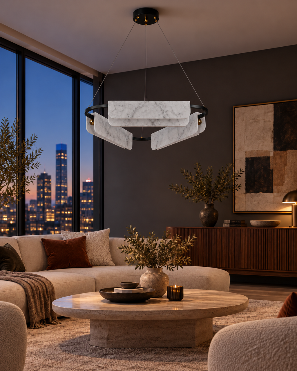 Strata Triple marble chandelier — city living room, light off