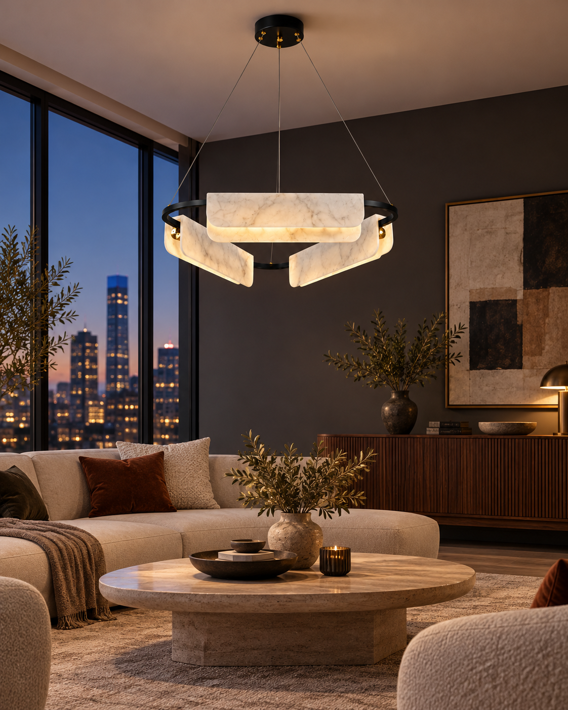 Strata Triple marble chandelier — city living room, light on