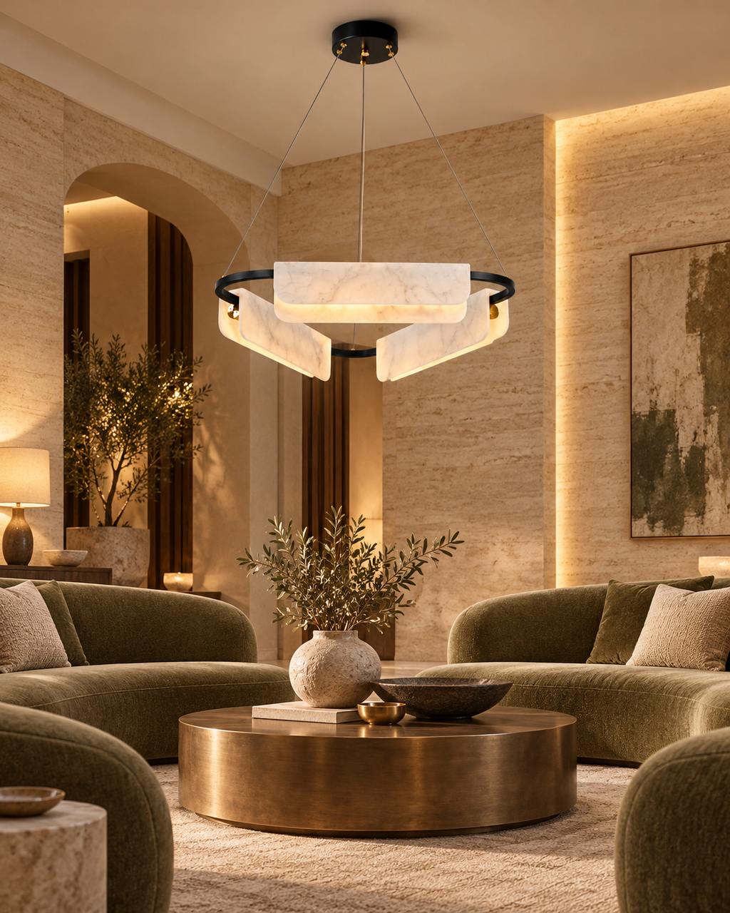Strata Triple marble chandelier — boutique hotel lounge, light on